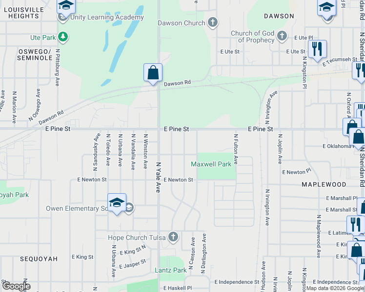 map of restaurants, bars, coffee shops, grocery stores, and more near 1406 North Braden Avenue in Tulsa