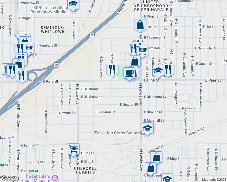 map of restaurants, bars, coffee shops, grocery stores, and more near 2101 East Oklahoma Street in Tulsa