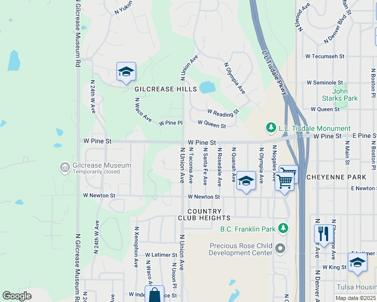 map of restaurants, bars, coffee shops, grocery stores, and more near 1421 North Union Avenue in Tulsa