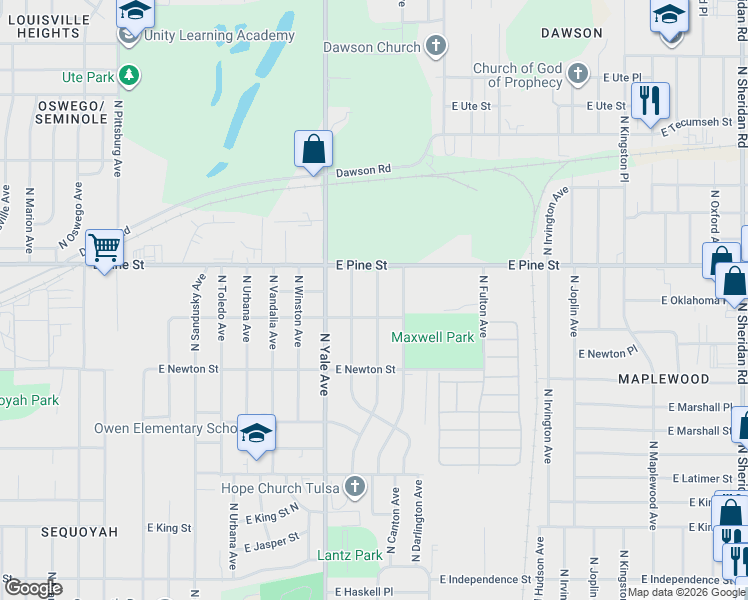 map of restaurants, bars, coffee shops, grocery stores, and more near 1406 North Braden Avenue in Tulsa