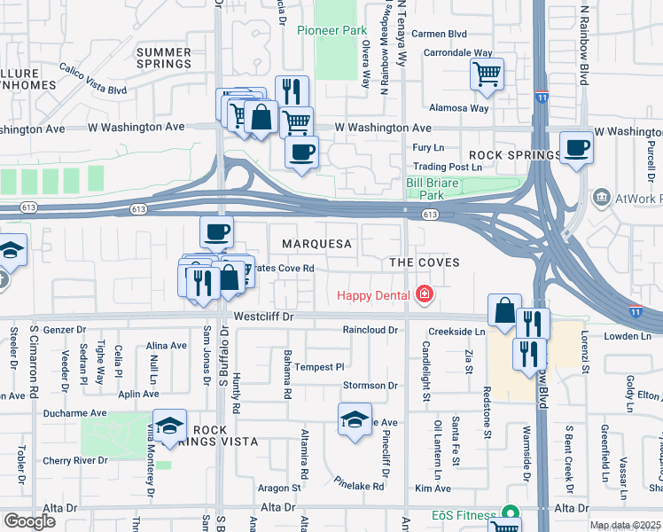 map of restaurants, bars, coffee shops, grocery stores, and more near 7200 West Pirates Cove Road in Las Vegas