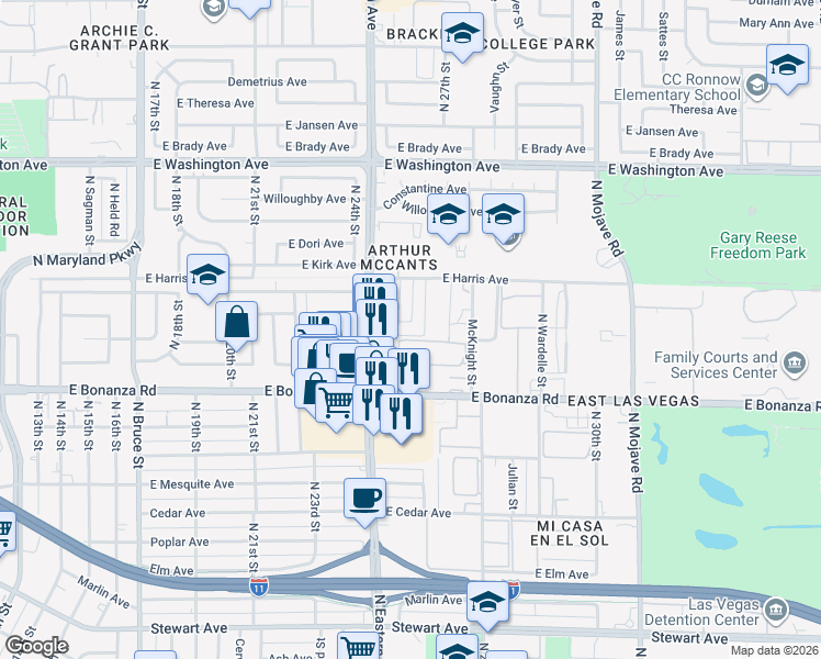 map of restaurants, bars, coffee shops, grocery stores, and more near 2525 Poppy Lane in Las Vegas