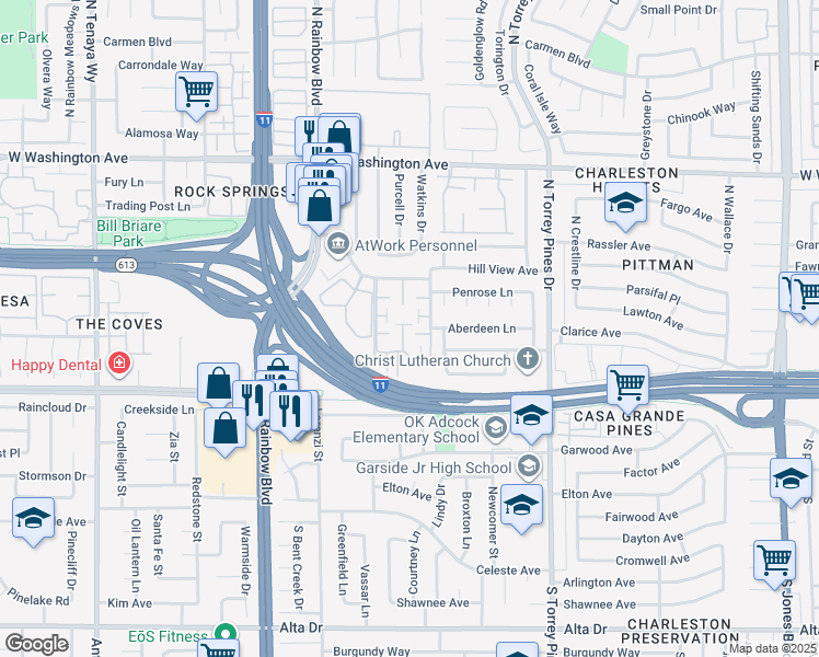 map of restaurants, bars, coffee shops, grocery stores, and more near 221 Brookside Lane in Las Vegas
