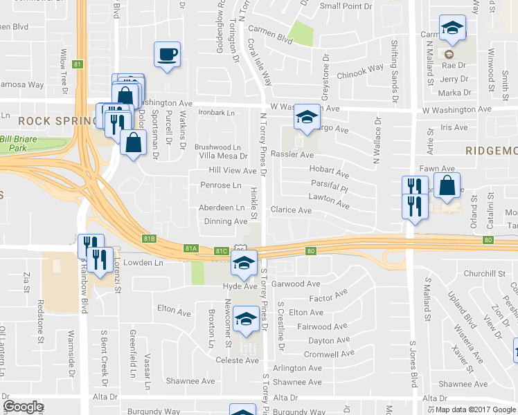 map of restaurants, bars, coffee shops, grocery stores, and more near 212 Hinkle Street in Las Vegas