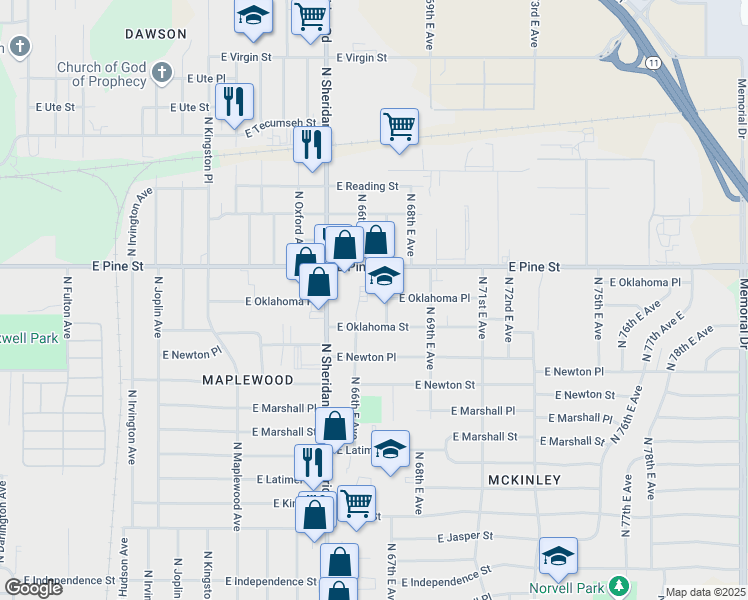 map of restaurants, bars, coffee shops, grocery stores, and more near 1428 North 67th East Avenue in Tulsa