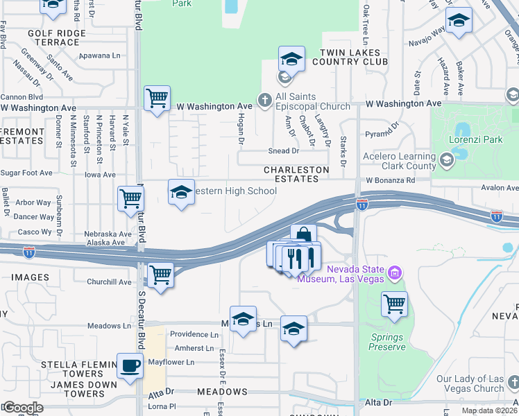 map of restaurants, bars, coffee shops, grocery stores, and more near 401 Estella Avenue in Las Vegas