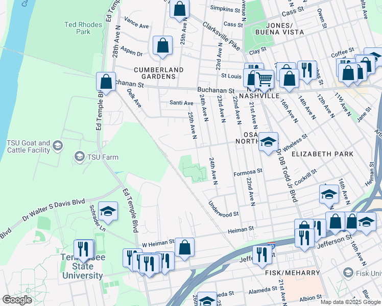 map of restaurants, bars, coffee shops, grocery stores, and more near 1629 25th Avenue North in Nashville