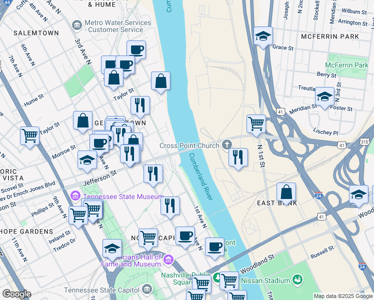 map of restaurants, bars, coffee shops, grocery stores, and more near Jefferson Street Bridge in Nashville