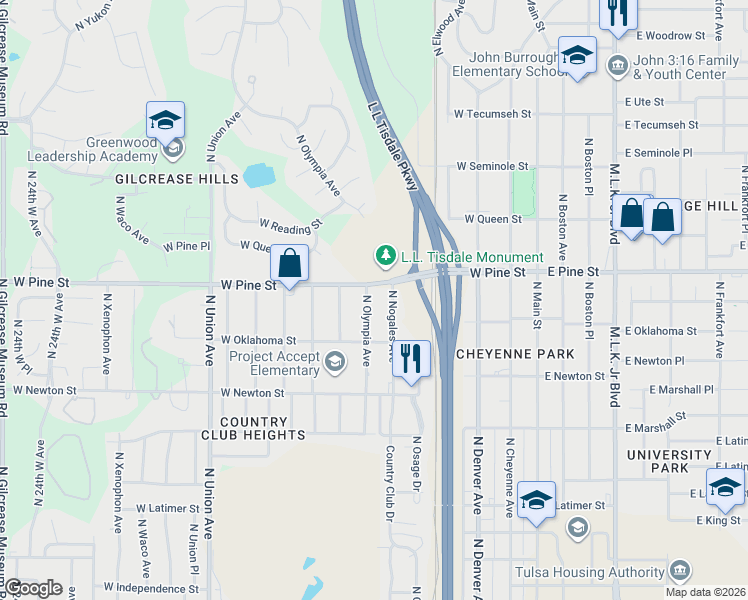 map of restaurants, bars, coffee shops, grocery stores, and more near 1432 North Olympia Avenue in Tulsa