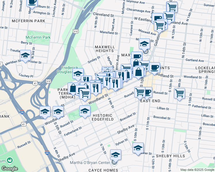 map of restaurants, bars, coffee shops, grocery stores, and more near 826 Main Street in Nashville