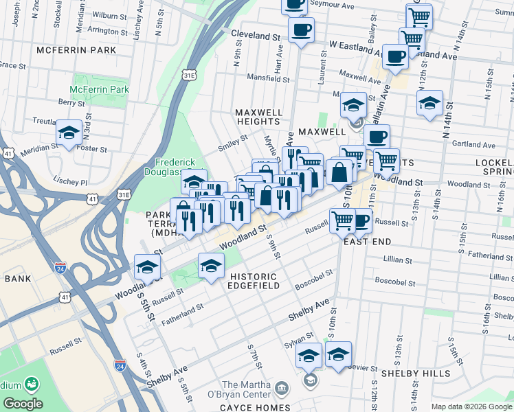 map of restaurants, bars, coffee shops, grocery stores, and more near 826 Main Street in Nashville