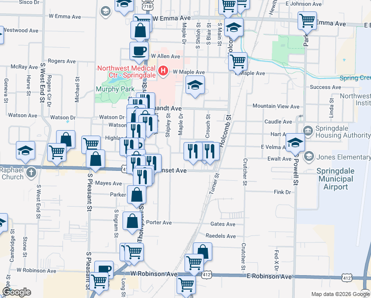 map of restaurants, bars, coffee shops, grocery stores, and more near 131 Pierce Avenue in Springdale