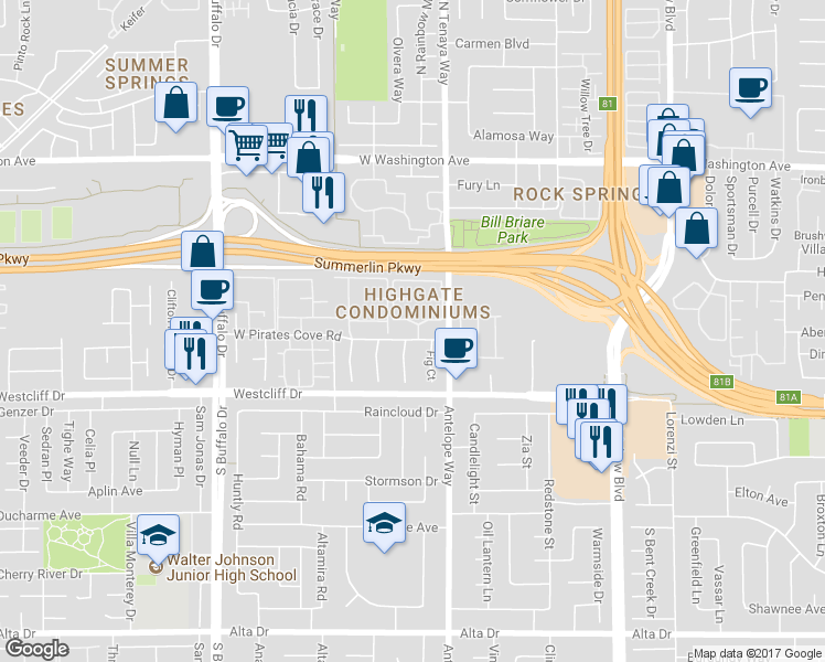 map of restaurants, bars, coffee shops, grocery stores, and more near 7100 West Pirates Cove Road in Las Vegas