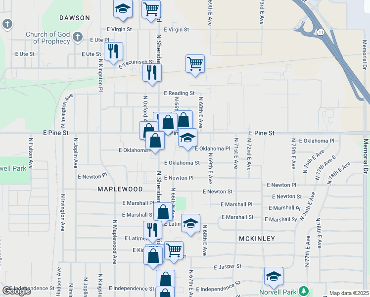 map of restaurants, bars, coffee shops, grocery stores, and more near 1428 North 67th East Avenue in Tulsa