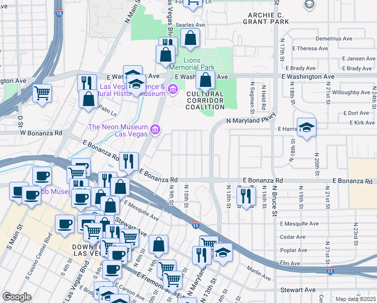 map of restaurants, bars, coffee shops, grocery stores, and more near 636 North 10th Street in Las Vegas