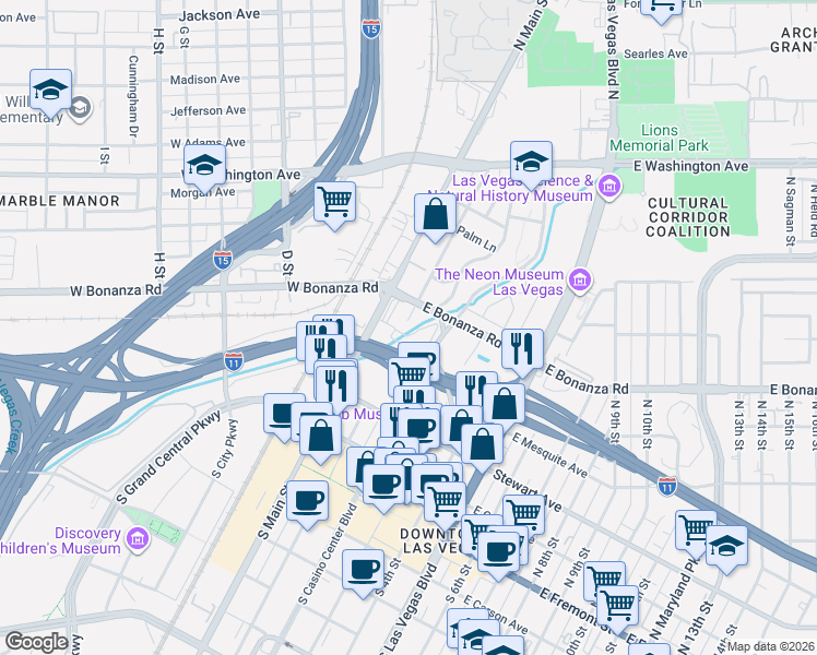 map of restaurants, bars, coffee shops, grocery stores, and more near 512 North 1st Street in Las Vegas