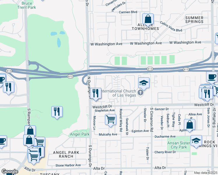 map of restaurants, bars, coffee shops, grocery stores, and more near 103 Silver Sky in Las Vegas