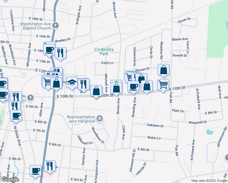 map of restaurants, bars, coffee shops, grocery stores, and more near 711-799 East 10th Street in Cookeville