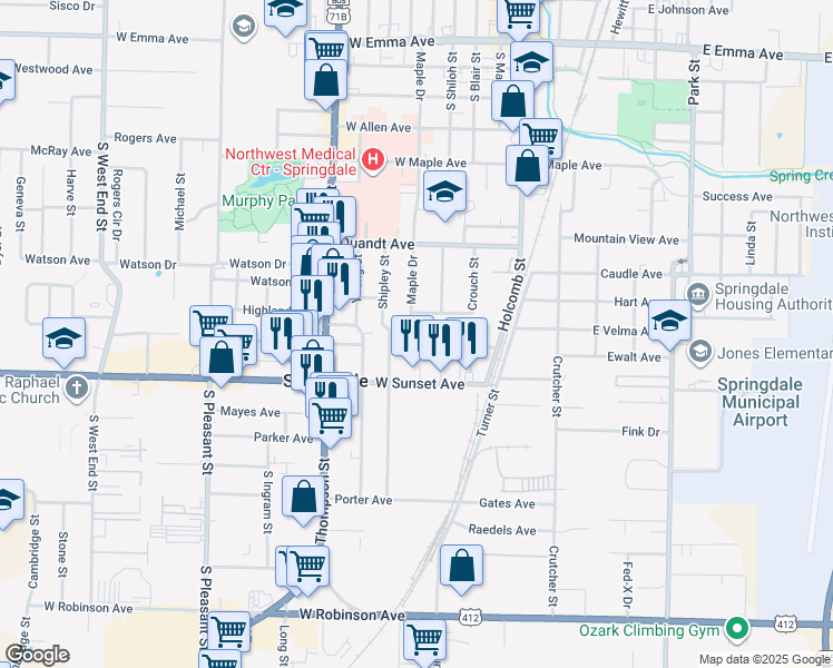 map of restaurants, bars, coffee shops, grocery stores, and more near 131 Pierce Avenue in Springdale