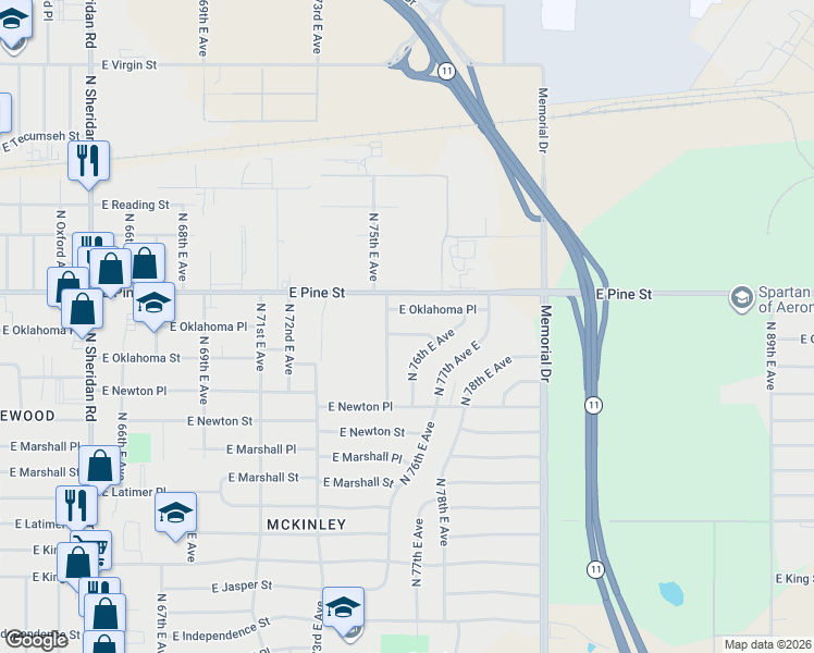 map of restaurants, bars, coffee shops, grocery stores, and more near 7520 East Oklahoma Street in Tulsa