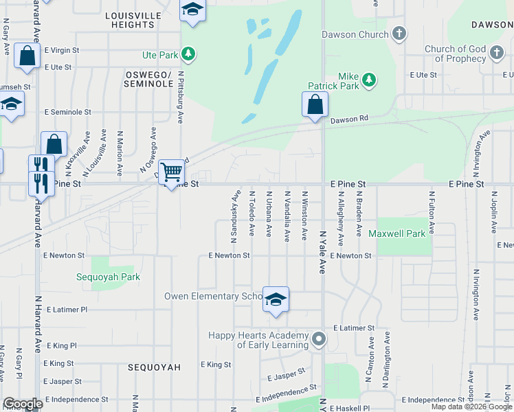 map of restaurants, bars, coffee shops, grocery stores, and more near 1403 North Toledo Avenue in Tulsa