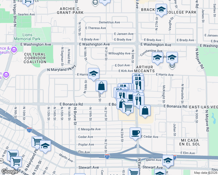 map of restaurants, bars, coffee shops, grocery stores, and more near 709 North 22nd Street in Las Vegas