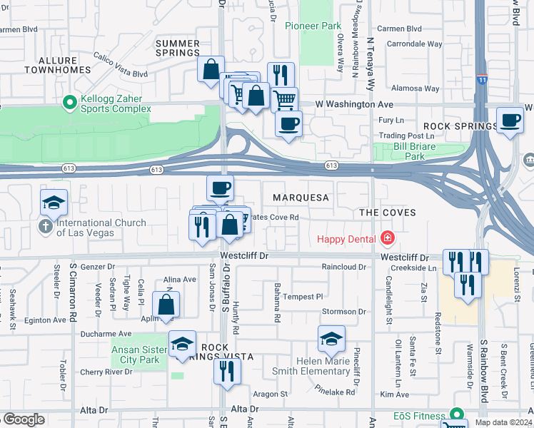 map of restaurants, bars, coffee shops, grocery stores, and more near 7300 West Pirates Cove Road in Las Vegas
