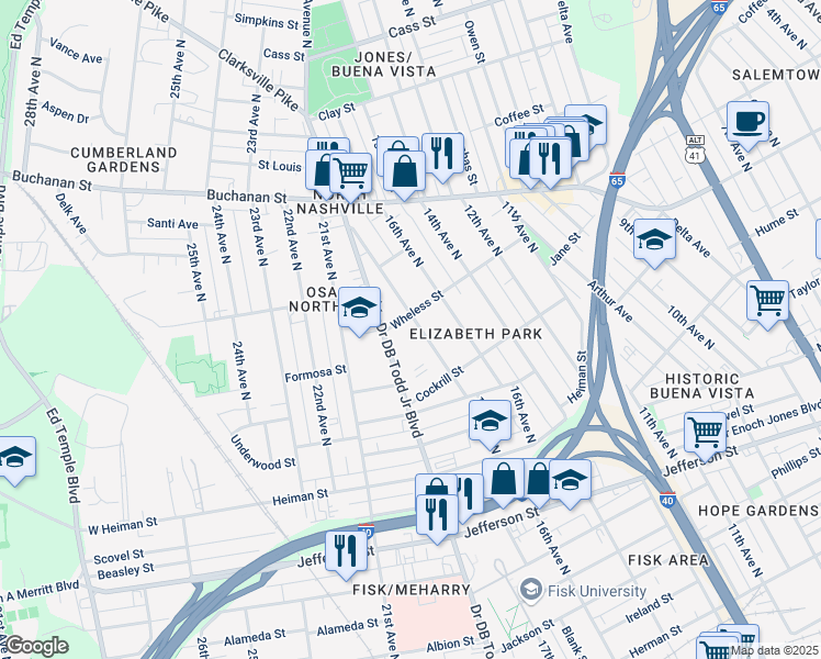 map of restaurants, bars, coffee shops, grocery stores, and more near 1619 17th Avenue North in Nashville