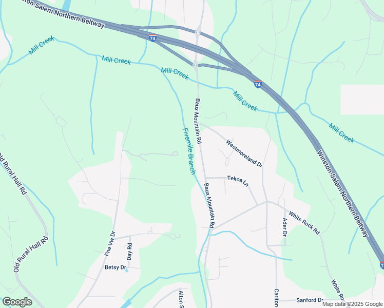 map of restaurants, bars, coffee shops, grocery stores, and more near 4874 Baux Mountain Road in Winston-Salem