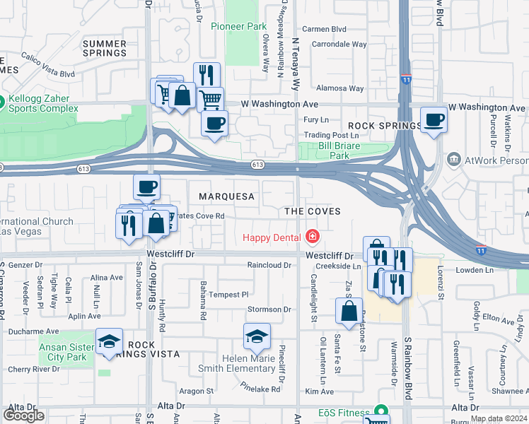 map of restaurants, bars, coffee shops, grocery stores, and more near 7100 West Pirates Cove Road in Las Vegas