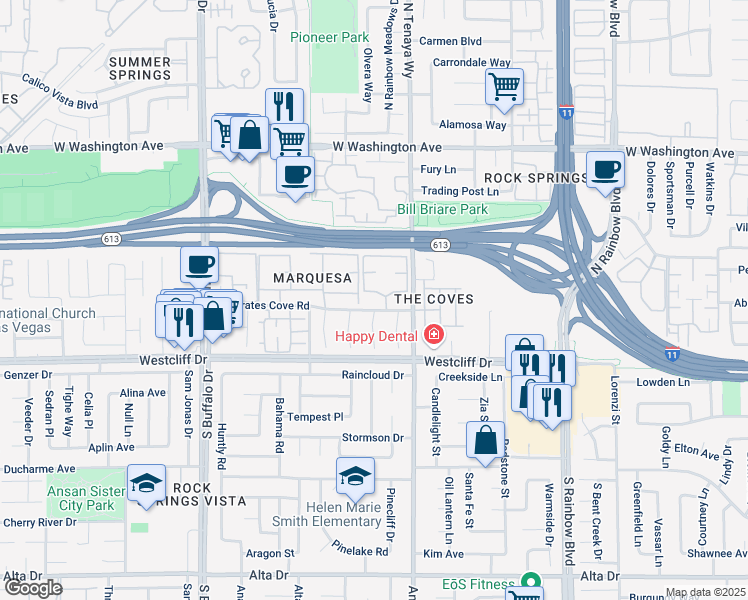 map of restaurants, bars, coffee shops, grocery stores, and more near 7100 West Pirates Cove Road in Las Vegas