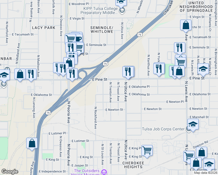 map of restaurants, bars, coffee shops, grocery stores, and more near 1424 North Trenton Avenue in Tulsa