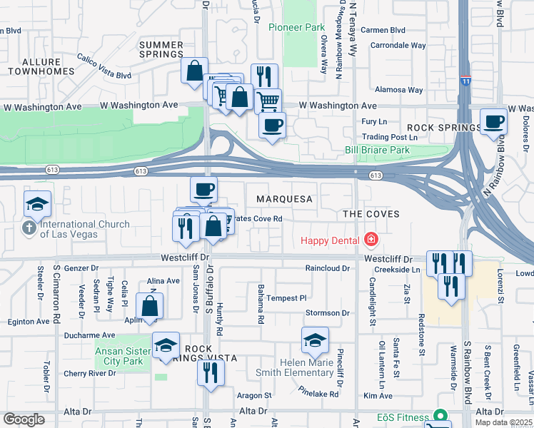 map of restaurants, bars, coffee shops, grocery stores, and more near 7300 West Pirates Cove Road in Las Vegas