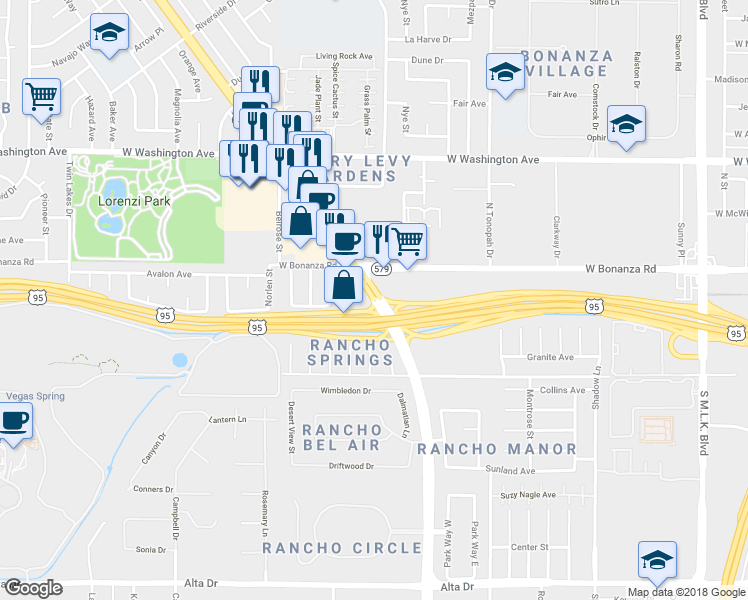 map of restaurants, bars, coffee shops, grocery stores, and more near 2 North Rancho Drive in Las Vegas