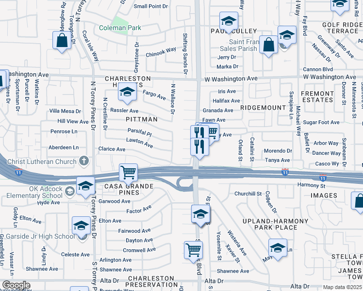 map of restaurants, bars, coffee shops, grocery stores, and more near 6120 Chelsea Circle in Las Vegas