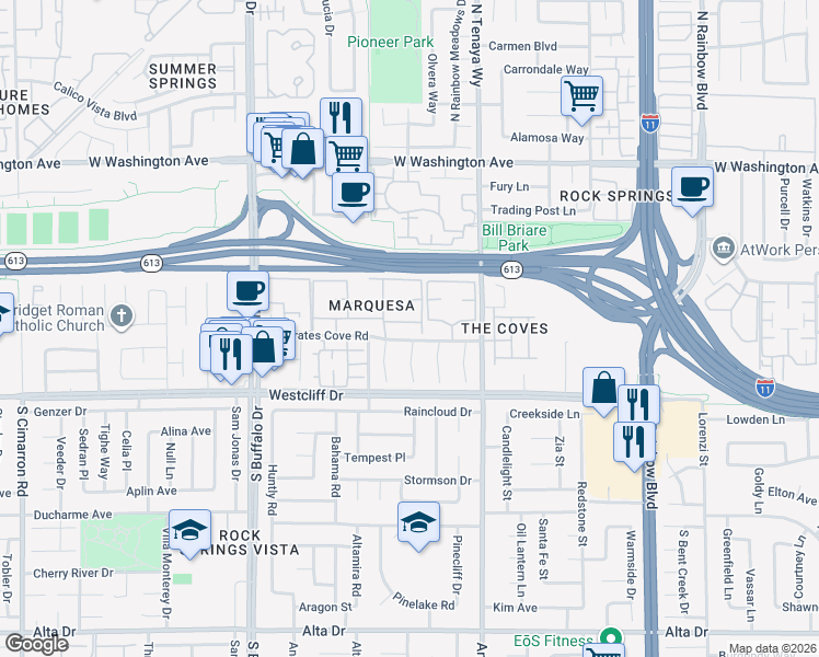 map of restaurants, bars, coffee shops, grocery stores, and more near 7200 West Pirates Cove Road in Las Vegas