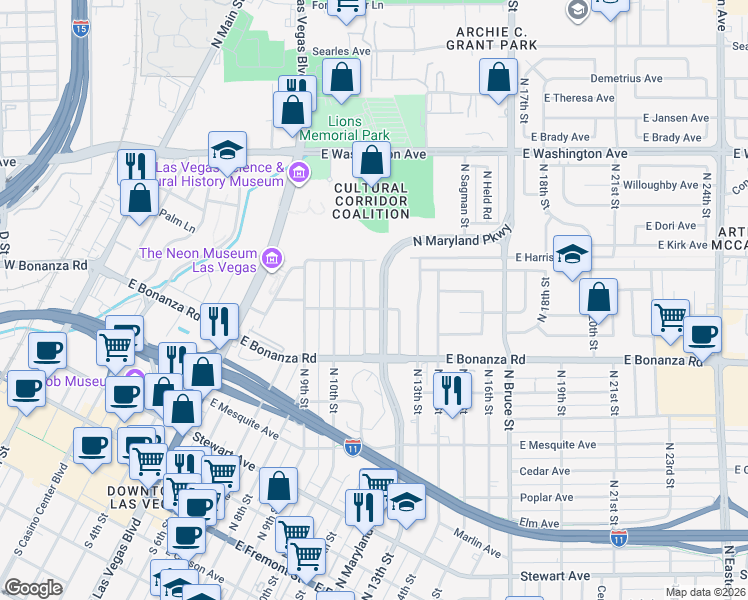 map of restaurants, bars, coffee shops, grocery stores, and more near 641 North Maryland Parkway in Las Vegas