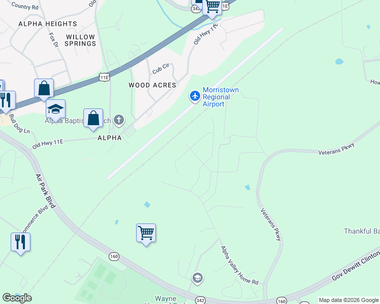 map of restaurants, bars, coffee shops, grocery stores, and more near 117 Howell Road in Morristown