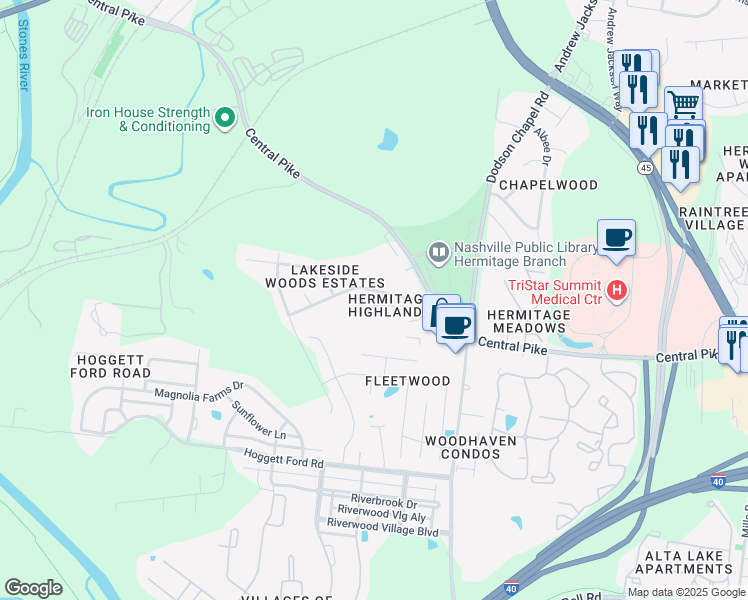map of restaurants, bars, coffee shops, grocery stores, and more near 137 Lakeside Court in Nashville