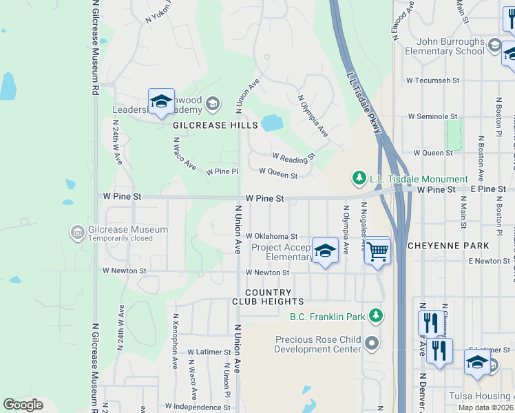 map of restaurants, bars, coffee shops, grocery stores, and more near 1430 North Santa Fe Avenue in Tulsa