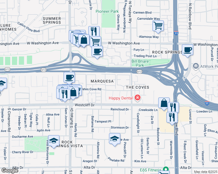 map of restaurants, bars, coffee shops, grocery stores, and more near 7200 West Pirates Cove Road in Las Vegas