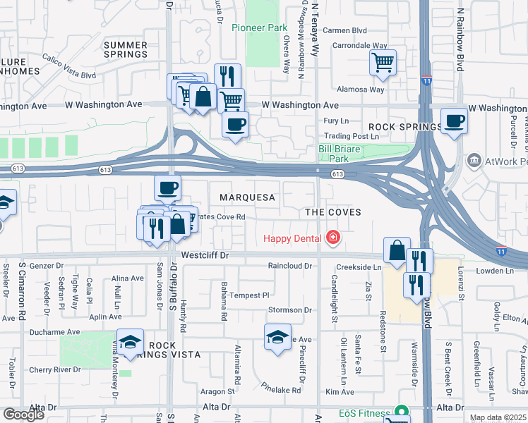 map of restaurants, bars, coffee shops, grocery stores, and more near 7200 West Pirates Cove Road in Las Vegas