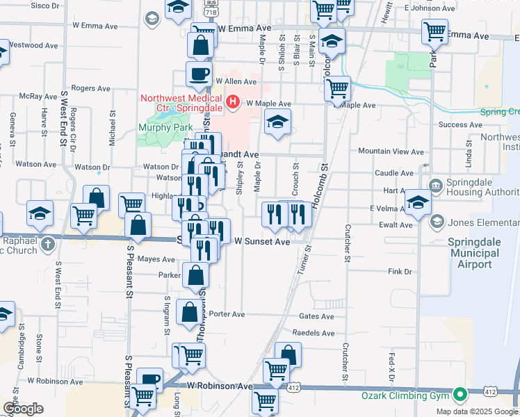 map of restaurants, bars, coffee shops, grocery stores, and more near 807 Maple Drive in Springdale