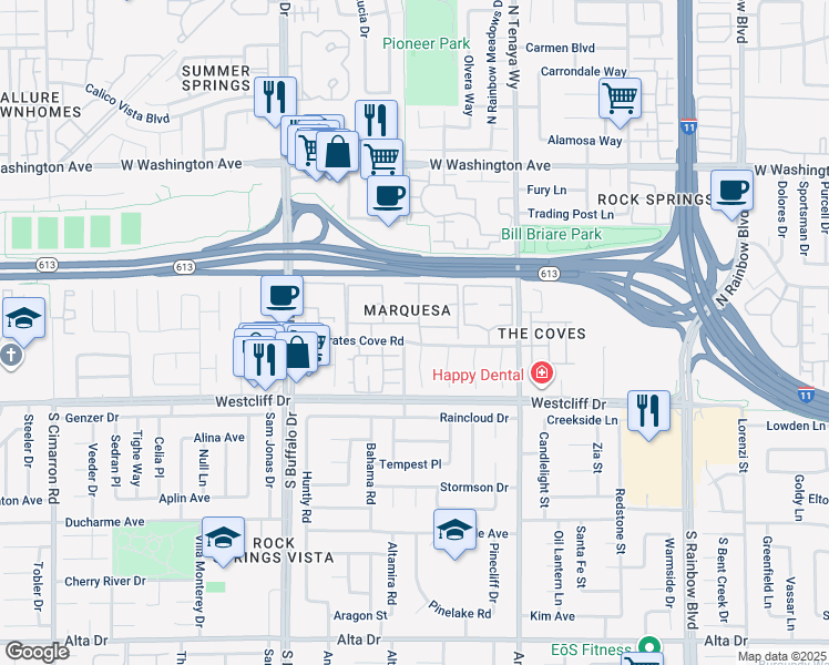 map of restaurants, bars, coffee shops, grocery stores, and more near 101 Luna Way in Las Vegas