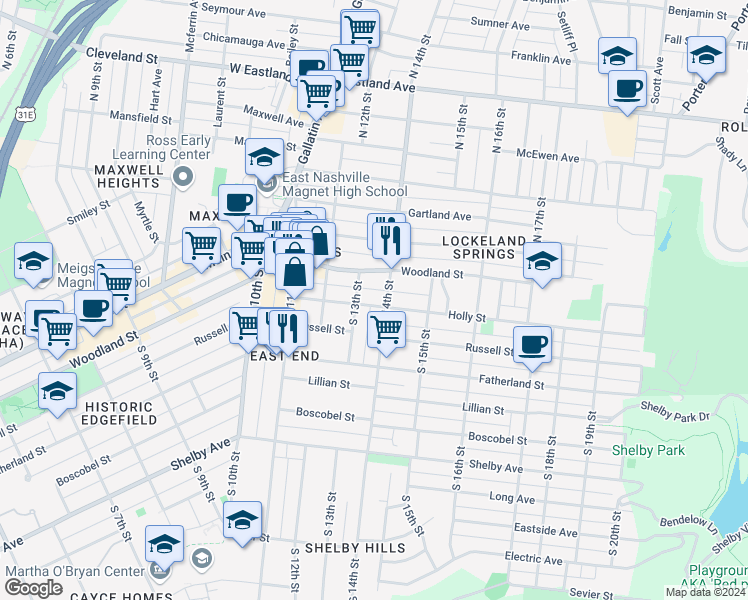 map of restaurants, bars, coffee shops, grocery stores, and more near 104 South 14th Street in Nashville