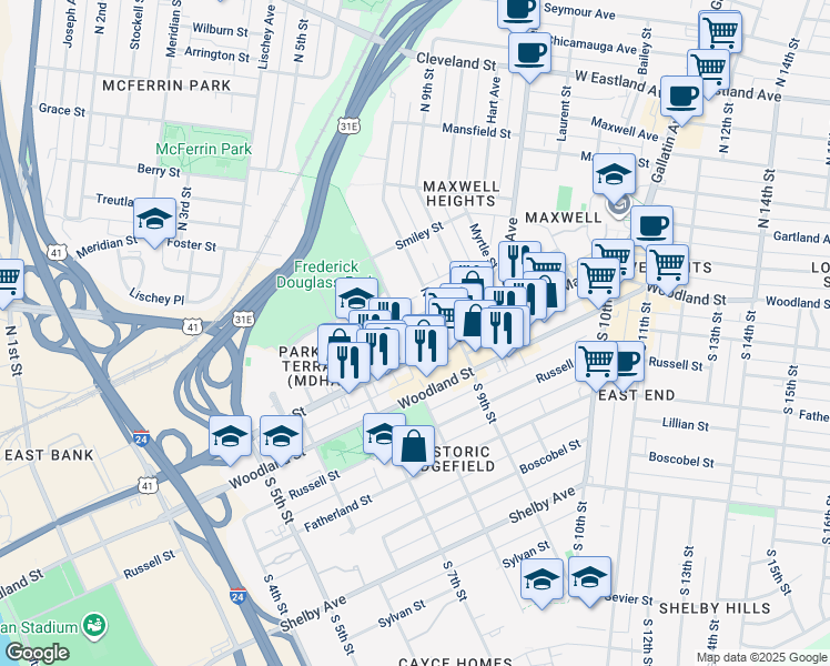map of restaurants, bars, coffee shops, grocery stores, and more near 803 Main Street in Nashville