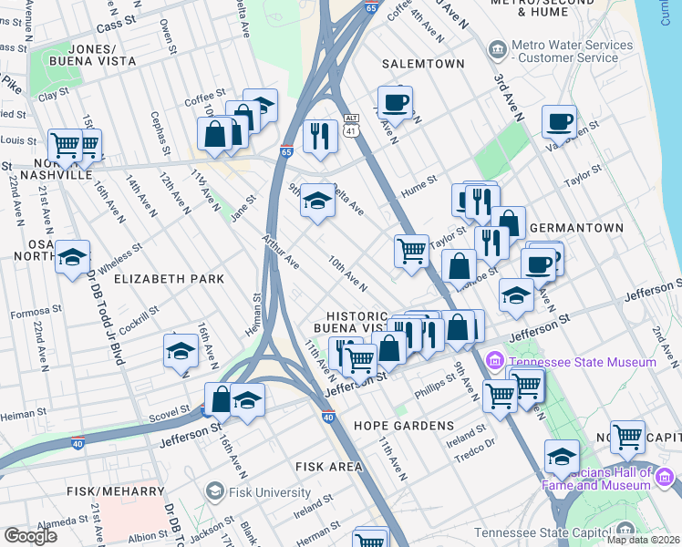map of restaurants, bars, coffee shops, grocery stores, and more near 1414 Arthur Avenue in Nashville