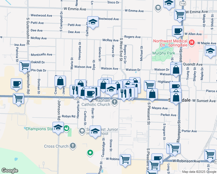 map of restaurants, bars, coffee shops, grocery stores, and more near 1712 West Sunset Avenue in Springdale
