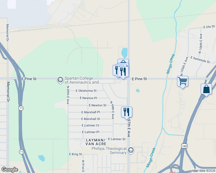 map of restaurants, bars, coffee shops, grocery stores, and more near 9152 East Oklahoma Street in Tulsa
