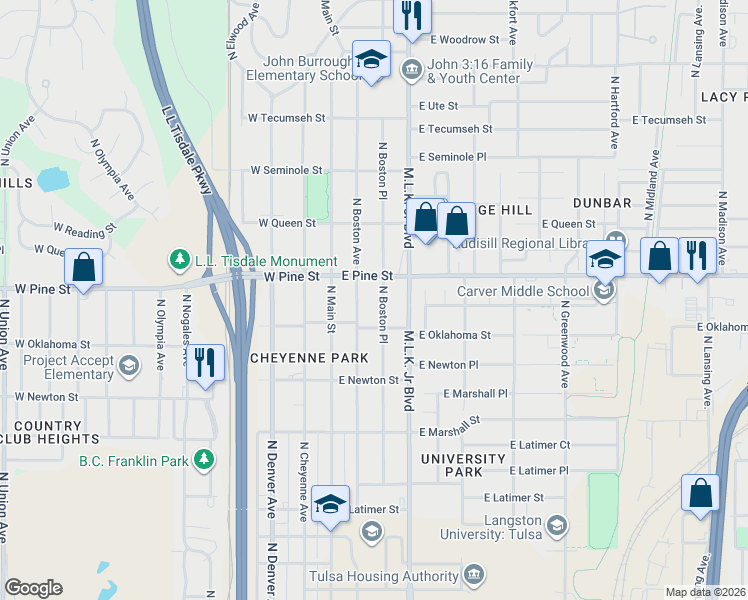 map of restaurants, bars, coffee shops, grocery stores, and more near 1407 North Boston Avenue in Tulsa